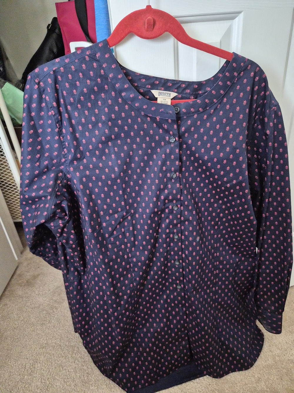 Duluth Trading Co Navy Blouse with Pink Dot Pattern